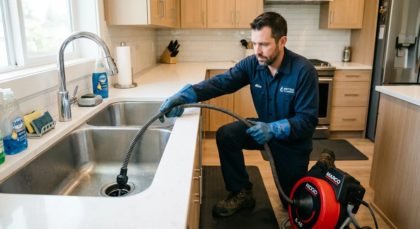 Drain cleaning technician using a motorized snake on a kitchen sink in Delaware