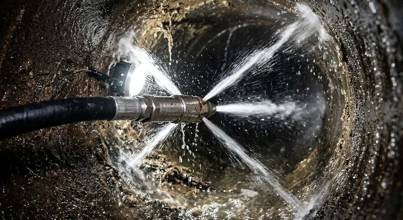High-pressure hydro jetting nozzle cleaning sewer pipe for Emergency Drain Service in Delaware