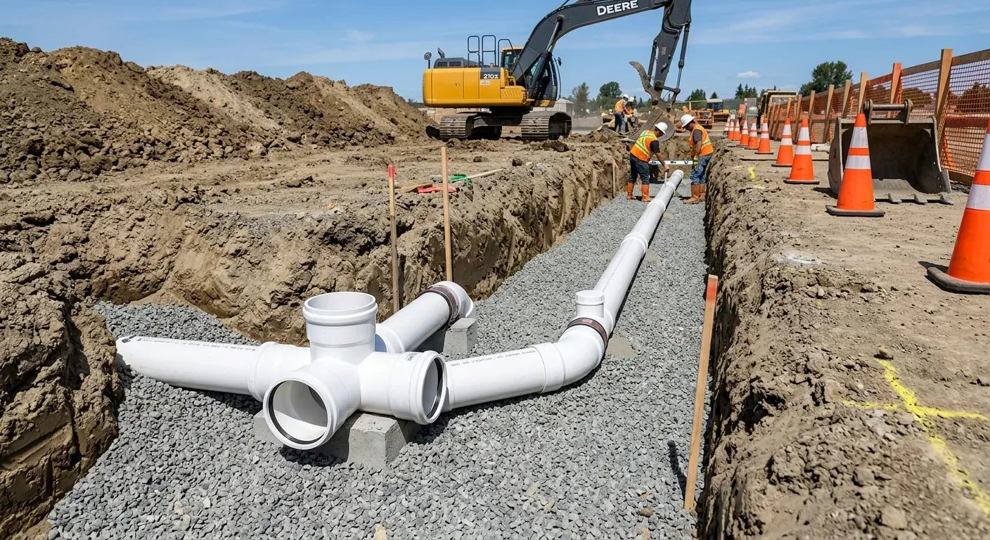 New PVC sewer pipe installation in open trench for Sewer Camera Inspection in Delaware