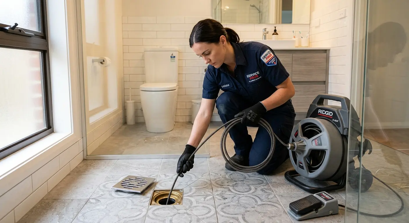 Technician clearing a bathroom floor drain for Sewer Line Installation in Delaware